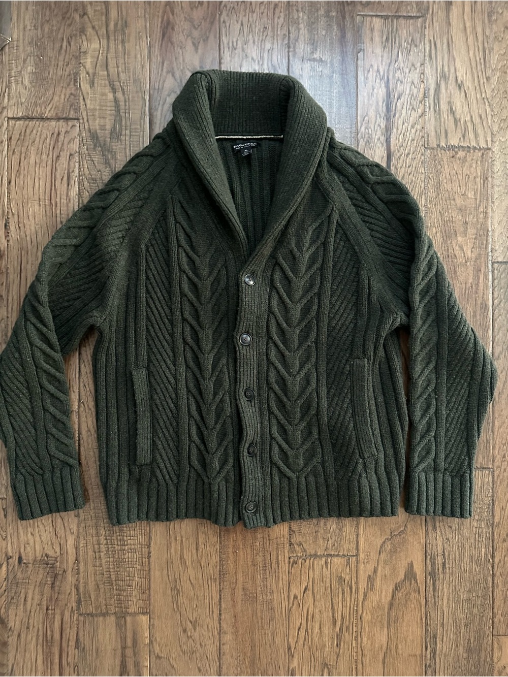 Banana Republic Wool Cable Knit Fisherman Shawl Cardigan Sweater Green XL